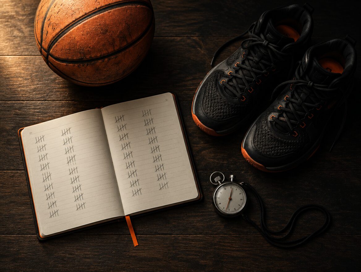 A training notebook with tally marks beside a basketball